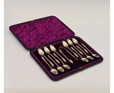 Victorian set of twelve apostle teaspoons and tongs, sponsor's mark of (Edward) William Hutton &amp; Sons, London 1891, cased