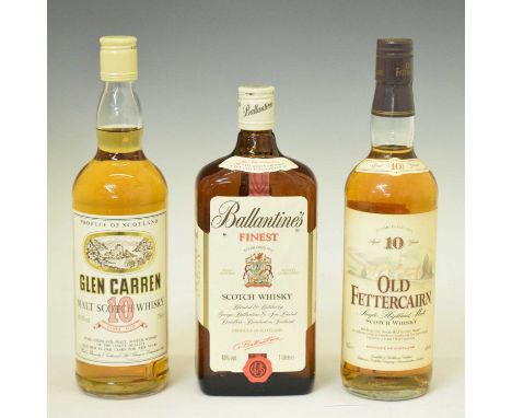 Glen Carren malt Scotch whisky, aged 10 years, Old Fettercairn single Highland malt, aged 10 years, and Ballantine's Finest S