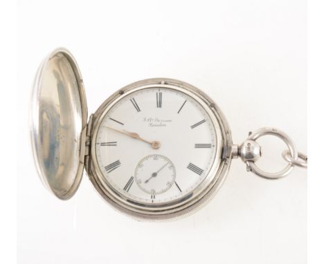 J W Benson London - a silver full hunter pocket watch, the white enamel dial covered by a glass having a Roman numeral chapte