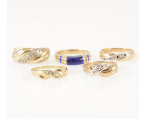 Five modern gemset rings and one gold ring, three set with small diamond points with one having a plain shaped band to fit, o