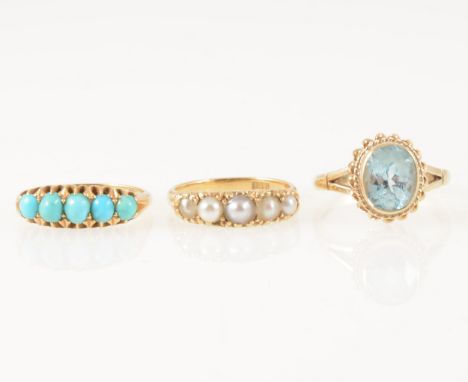 Three gemset dress rings, an 18 carat yellow gold half hoop ring set with five round cabochon cut turquoise, ring size O, ano