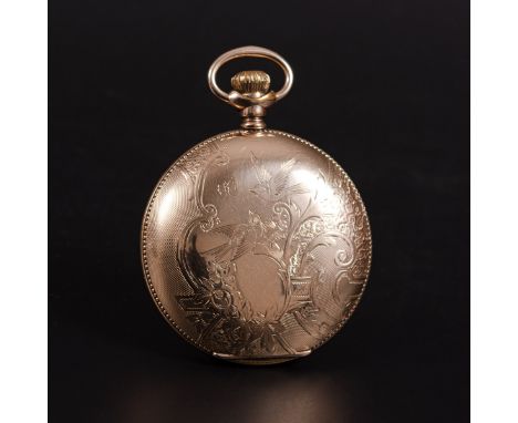 Elgin - an ornate gold-plated full hunter pocket watch, the white enamel dial having a Roman numeral chapter ring and subsidi