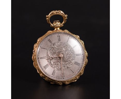 A small yellow metal open face fob watch, the silver dial with scroll design centre having a Roman numeral chapter ring in an