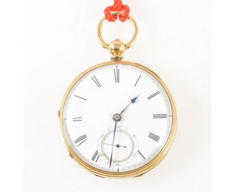 A small 18 carat yellow gold open face pocket watch, the white enamel dial having a Roman numeral chapter ring and subsidiary