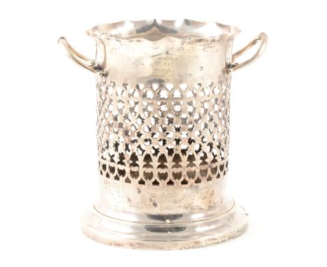 An Edwardian silver siphon stand, J Sherwood &amp; Sons, Birmingham 1903, twin-handled with pierced body and curved rim, 16.5