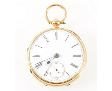 An 18 carat yellow gold open face pocket watch, the white enamel dial having a Roman numeral chapter ring and subsidiary seco