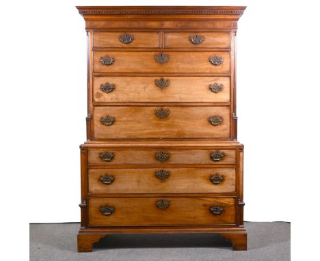 A George III mahogany chest on chest, ogee cornice with key pattern banding, lain frieze, the upper section with two short dr