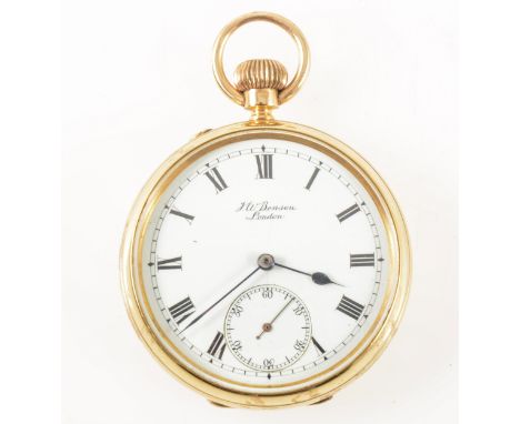 J W Benson London -an 18 carat yellow gold open face pocket watch, the white enamel dial having a Roman numeral chapter ring 
