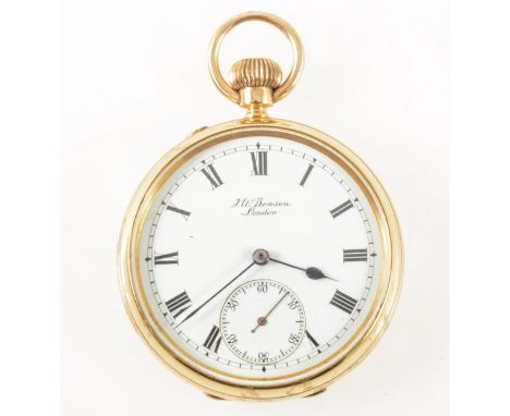 J W Benson London -an 18 carat yellow gold open face pocket watch, the white enamel dial having a Roman numeral chapter ring 