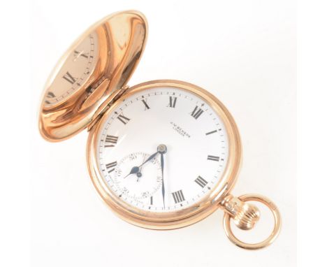 J W Benson London - a 9 carat yellow gold full hunter pocket watch, the white enamel dial covered by a glass having a Roman n