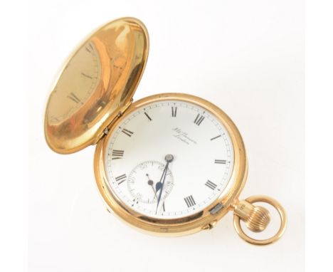 J W Benson London -an 18 carat yellow gold full hunter pocket watch, the white enamel dial covered by a glass having a Roman 