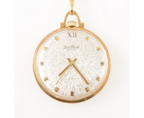 Excellent - a yellow metal open face fob watch and chain, the small open face watch having a silvered engine turned baton dia