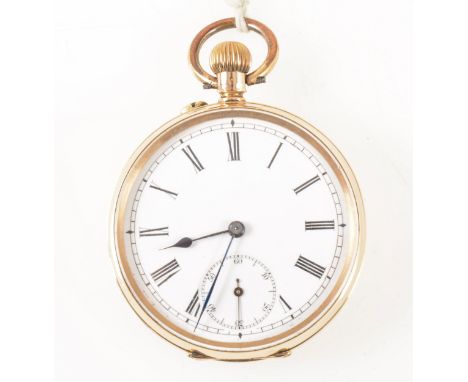 A small yellow metal open face pocket watch, the white enamel dial with Roman numeral chapter ring and subsidiary seconds dia