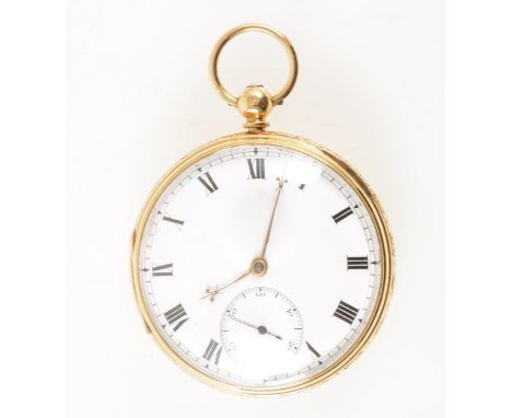 An 18 carat yellow gold open face pocket watch, the white enamel dial having a Roman numeral chapter ring and subsidiary seco