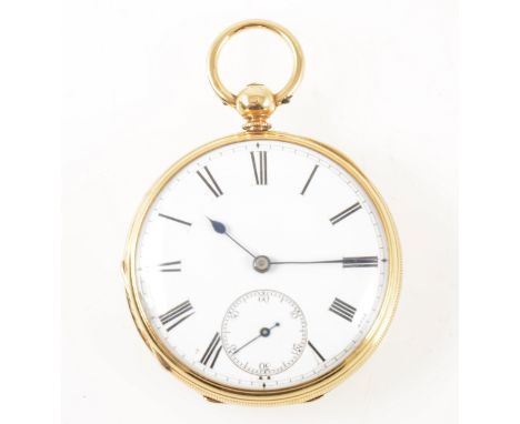 An 18 carat yellow gold open face pocket watch, the white enamel dial having a Roman numeral chapter ring and subsidiary seco