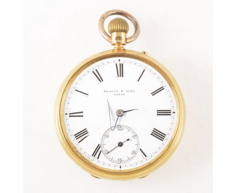 Pearce &amp; Sons Leicester -an 18 carat yellow gold open face pocket watch, the white enamel dial missing glass having a Rom