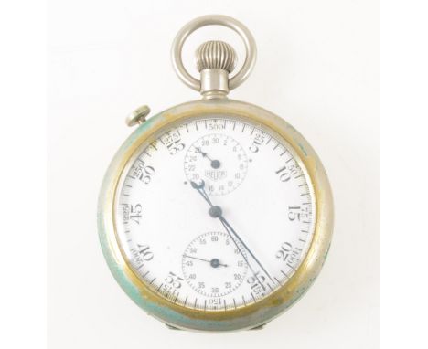 A Heuer military issue stop watch, white enamel dial with two subsidiary dials, stem wind, nickel case, engraved on back 31,0