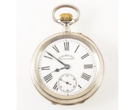 Marks &amp; Co. Ltd Bombay &amp; Poona - a white metal open face pocket watch, the white enamel dial having a Roman numeral c
