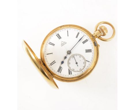 Dent London - an 18 carat yellow gold demi-hunter pocket watch, the white enamel dial covered by a glass having a Roman numer