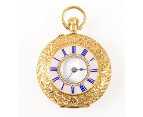 A small yellow metal demi hunter pocket watch, the white enamel dial covered by a glass having a Roman numeral chapter ring i
