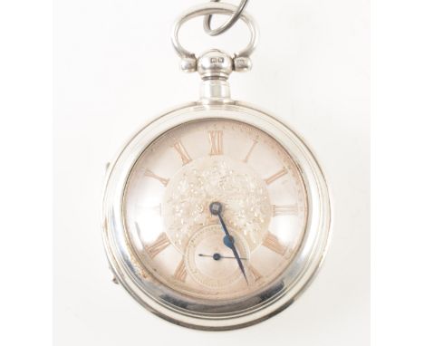 A silver pair case pocket watch, the silver dial covered by a bulls eye glass having a gilt Roman numeral chapter ring and su