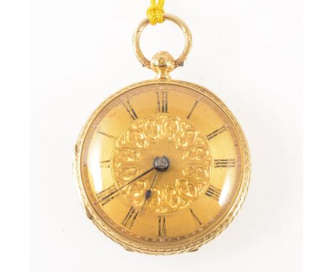 A small 18 carat yellow gold open face pocket watch, the gold coloured dial with an engine turned centre and cross style fram