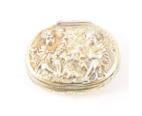 A Continental gilt metal oval snuff box, probably late 18th century, the cover cast and chased with boys gathering grapes, th