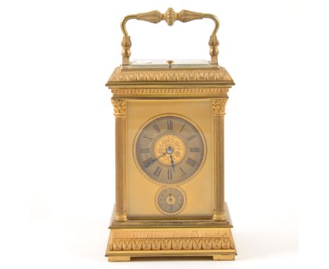 A French gilt metal repeating alarm carriage clock, late 19th century, silvered chapter ring signed by the retailer John Gayd
