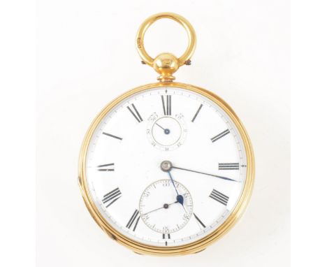 An 18 carat yellow gold open face pocket watch, the white enamel dial having a Roman numeral chapter ring and subsidiary seco