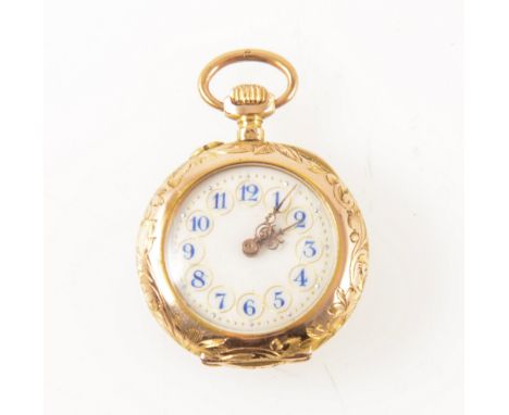 A small enamelled fob watch, the white enamel dial having an arabic numeral chapter ring and subsidiary seconds dial in a yel