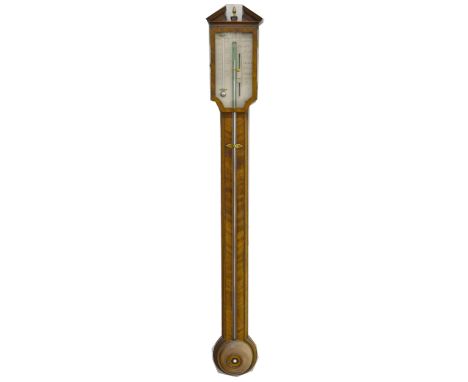 George III mahogany stick barometer, Manticha, London, silvered chart signed Manticha FECIT, the case with broken triangular 
