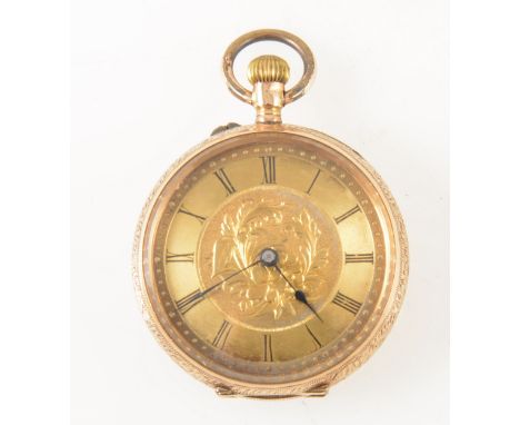 A small yellow metal open face pocket watch, the gold coloured dial with foliate decoration to centre having a Roman numeral 