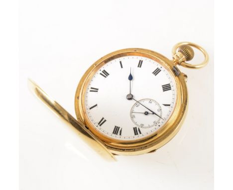 An 18 carat yellow gold full hunter pocket watch, the white enamel dial not covered by a glass having a Roman numeral chapter