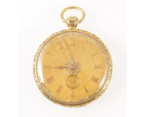 A small 18 carat yellow gold open face pocket watch, the gold coloured dial decorated with a frosted finish with gold Roman n