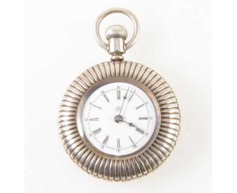 A white metal open face fob watch, the white enamel dial marked WW having a Roman numeral chapter ring and outer seconds reco