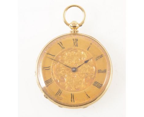 A small yellow metal open face pocket watch, the gold coloured dial with scroll decoration to centre having a Roman numeral c