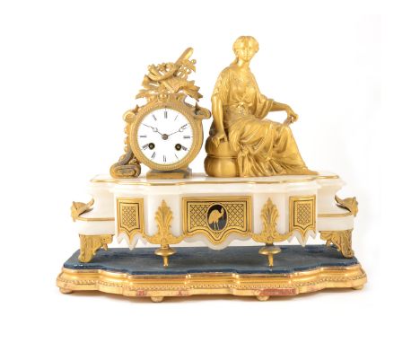 A Louis XVI style gilt metal and onyx mantel clock, 19th century, off-centre drum with white enamel dial, cylinder movement b