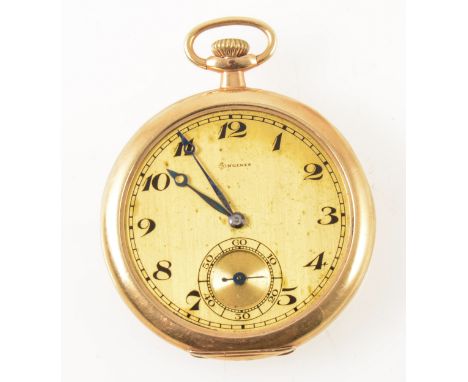 Longines - a yellow metal open face pocket watch, the gold coloured dial having an arabic numeral chapter ring and subsidiary