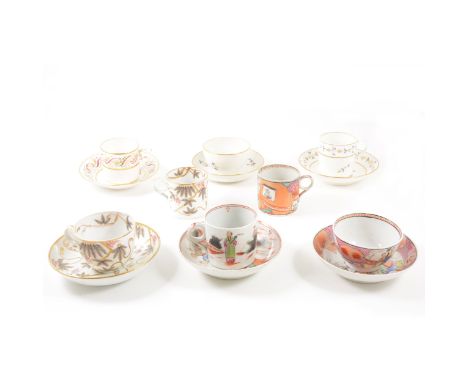 A New Hall type trio, circa.1800, printed and painted, Dinner Is Served pattern; another New Hall trio; New Hall can and sauc