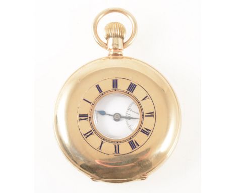 J W Benson London - a 9 carat yellow gold demi-hunter pocket watch, the white enamel dial covered by a glass having a Roman n