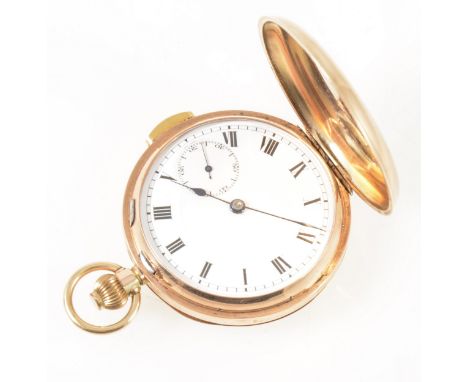 A 9 carat yellow gold quarter hour repeating full hunter pocket watch, the white enamel dial covered by a glass having a Roma