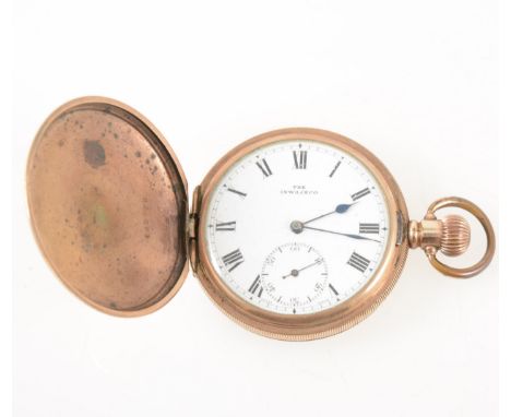 The Inwajeco - a gold-plated full hunter pocket watch, the white enamel dial covered by a glass having a Roman numeral chapte