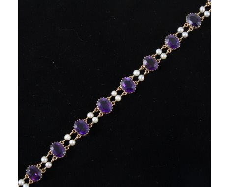 An amethyst and pearl bracelet, strung with ten oval cut stones, 10mm x 8mm with pairs of 3.8mm cultured pearls between in 9 