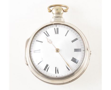 A silver pair case pocket watch, the white enamel dial covered by a bulls eye glass having a Roman numeral chapter ring in pl