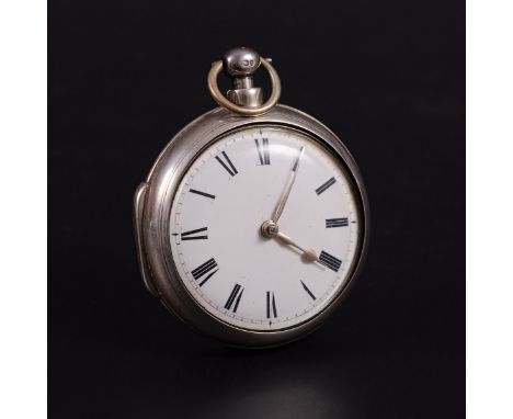 A silver pair case pocket watch, the white enamel dial covered by a glass having a Roman numeral chapter ring in plain polish