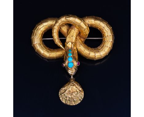 A mid 19 th Century yellow metal brooch, in the form of a coiled snake with simulated scales, the head set with four graduate