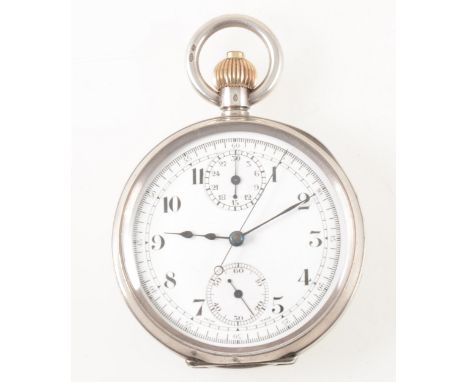 A silver open face chronograph pocket watch, the white enamel dial having a Roman numeral chapter ring and outer seconds reco