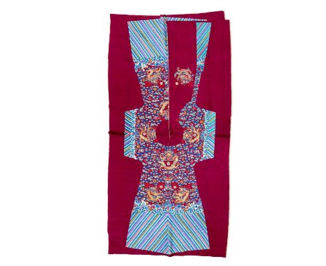 A FINE UNCUT BURGUNDY-GROUND EMBROIDERED SILK 'DRAGON' ROBECirca 1860-1880A complete bolt meticulously worked in bright silk 