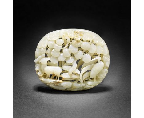 A grey and russet jade 'deer and egret' reticulated plaqueYuan DynastyThe oval plaque exquisitely cared and pierced with elab