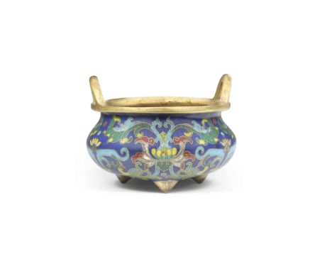 A CLOISONNÉ ENAMEL TRIPOD INCENSE BURNER, DINGQianlong The vessel with a compressed bulbous body flanked by a pair of bail ha
